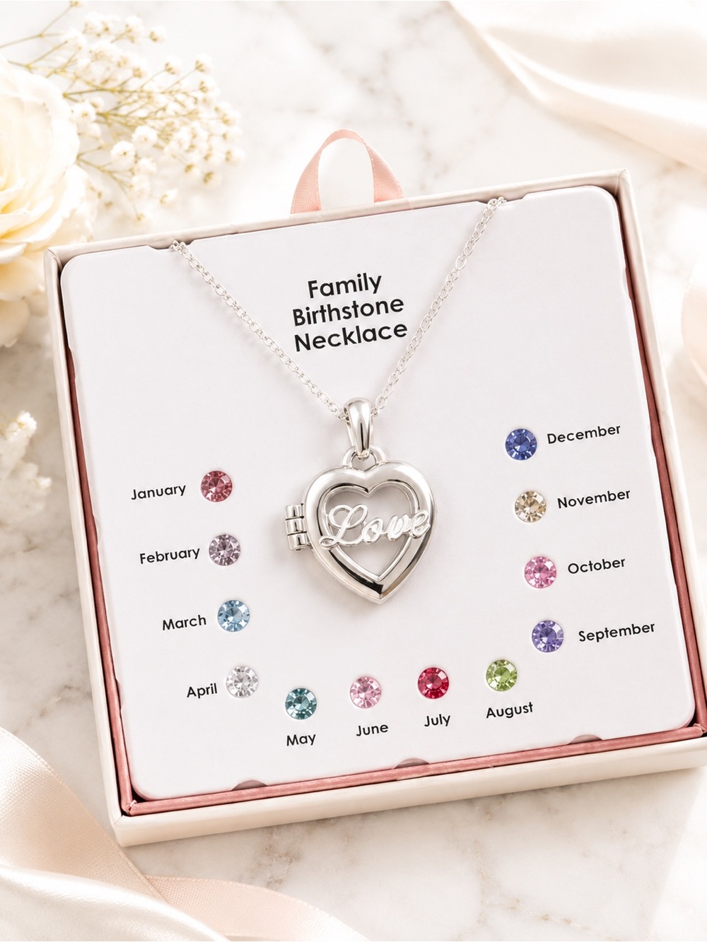 Boutique Silver Family Locket Birthstone Necklace Love Heart Jewelry NWT